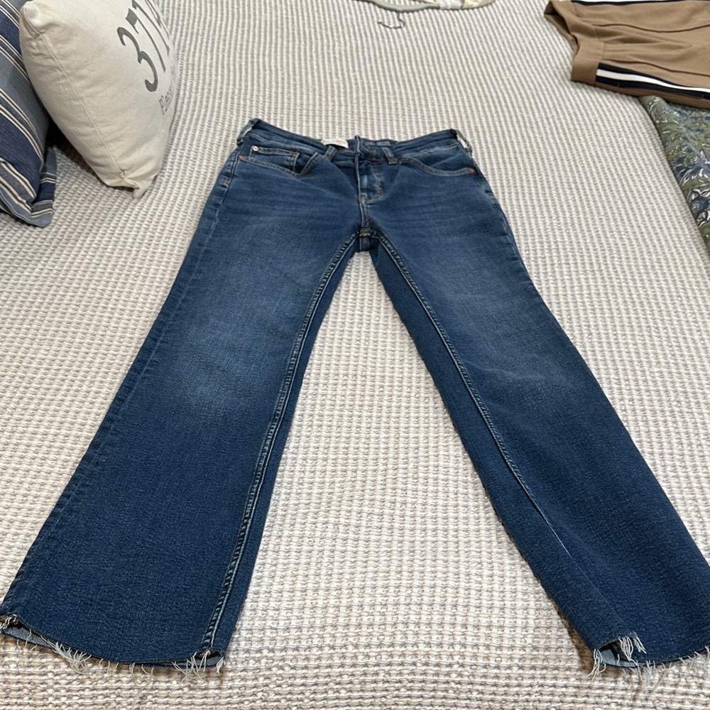 Pilcro Dark Blue Flare Jeans Anthropologie mid rise flare crop